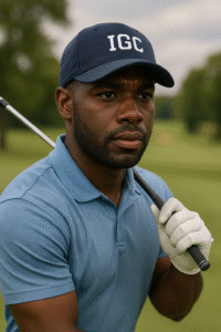 Create an image of golf player of black men with facecap written IGC